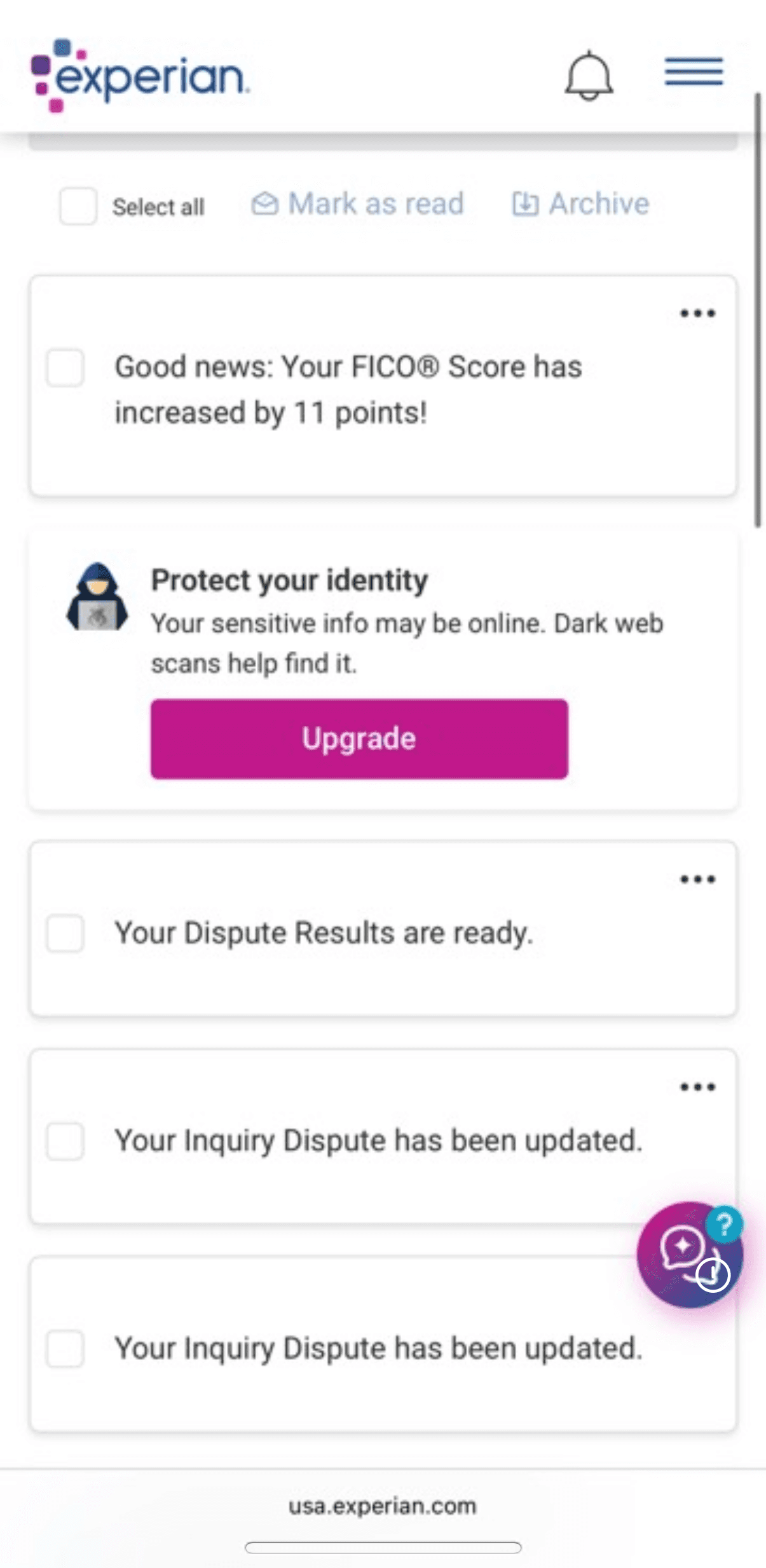 Experian notification showing FICO score increase