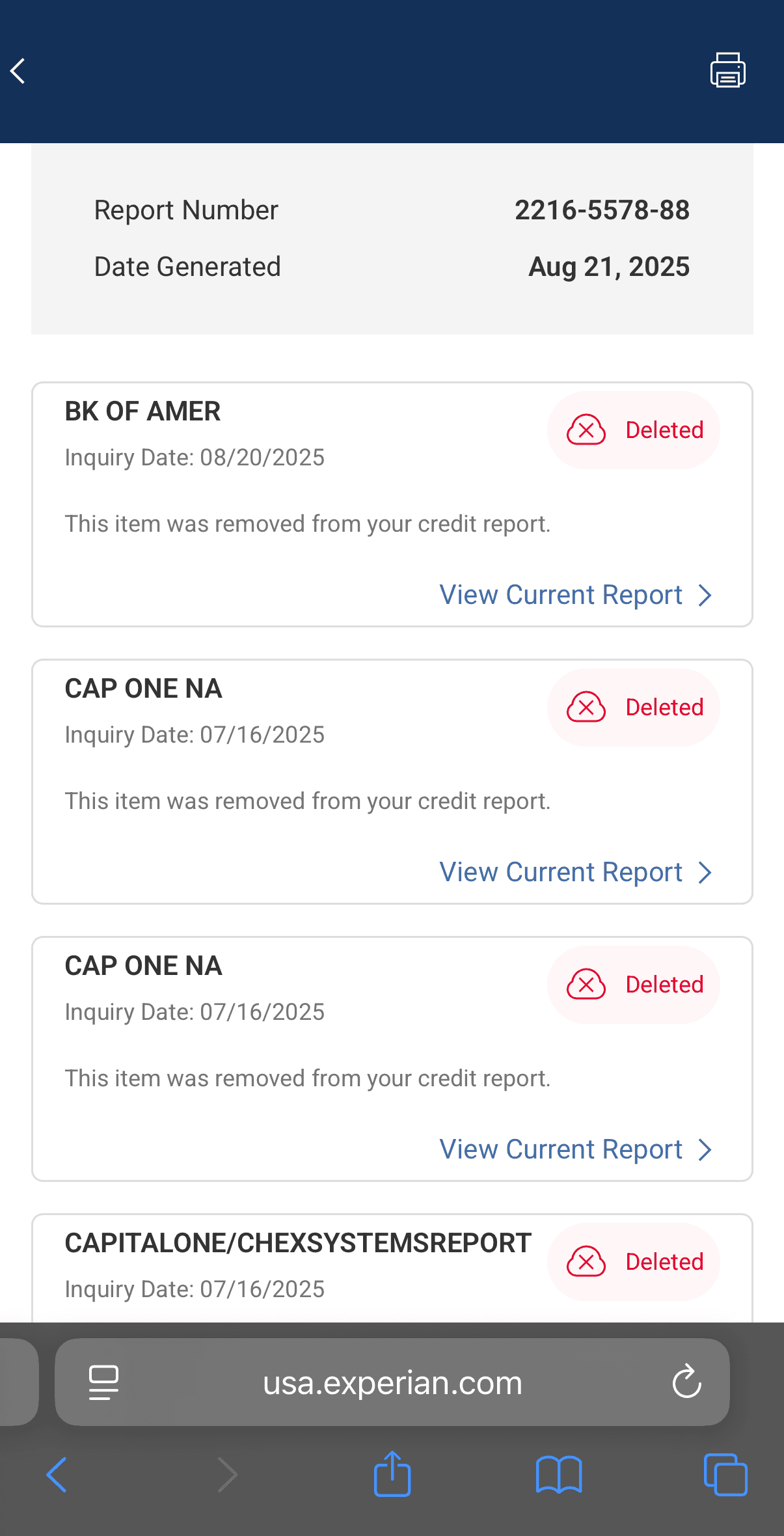 Multiple inquiries removed from credit report