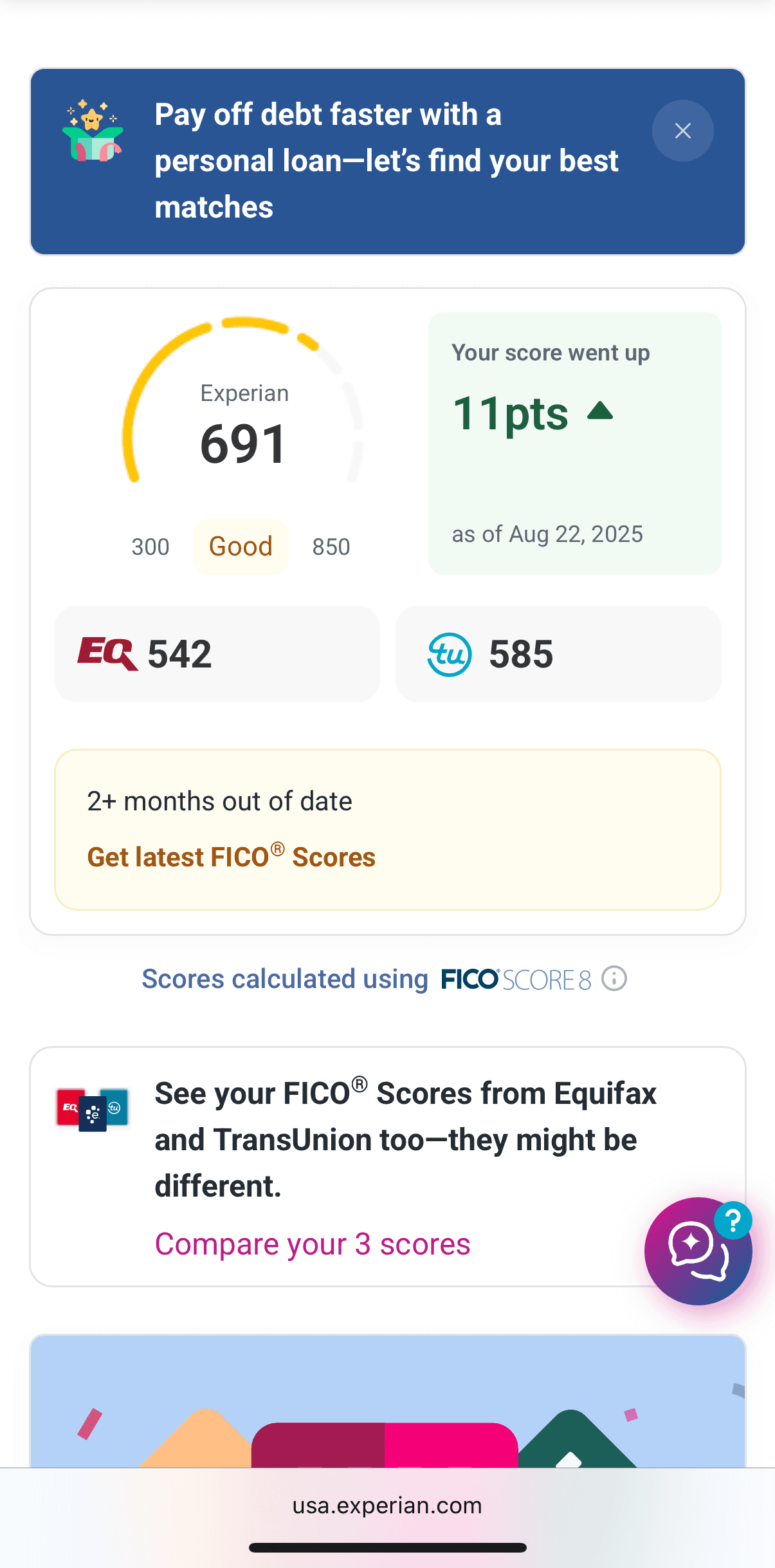 Experian score of 691 showing 11 point increase