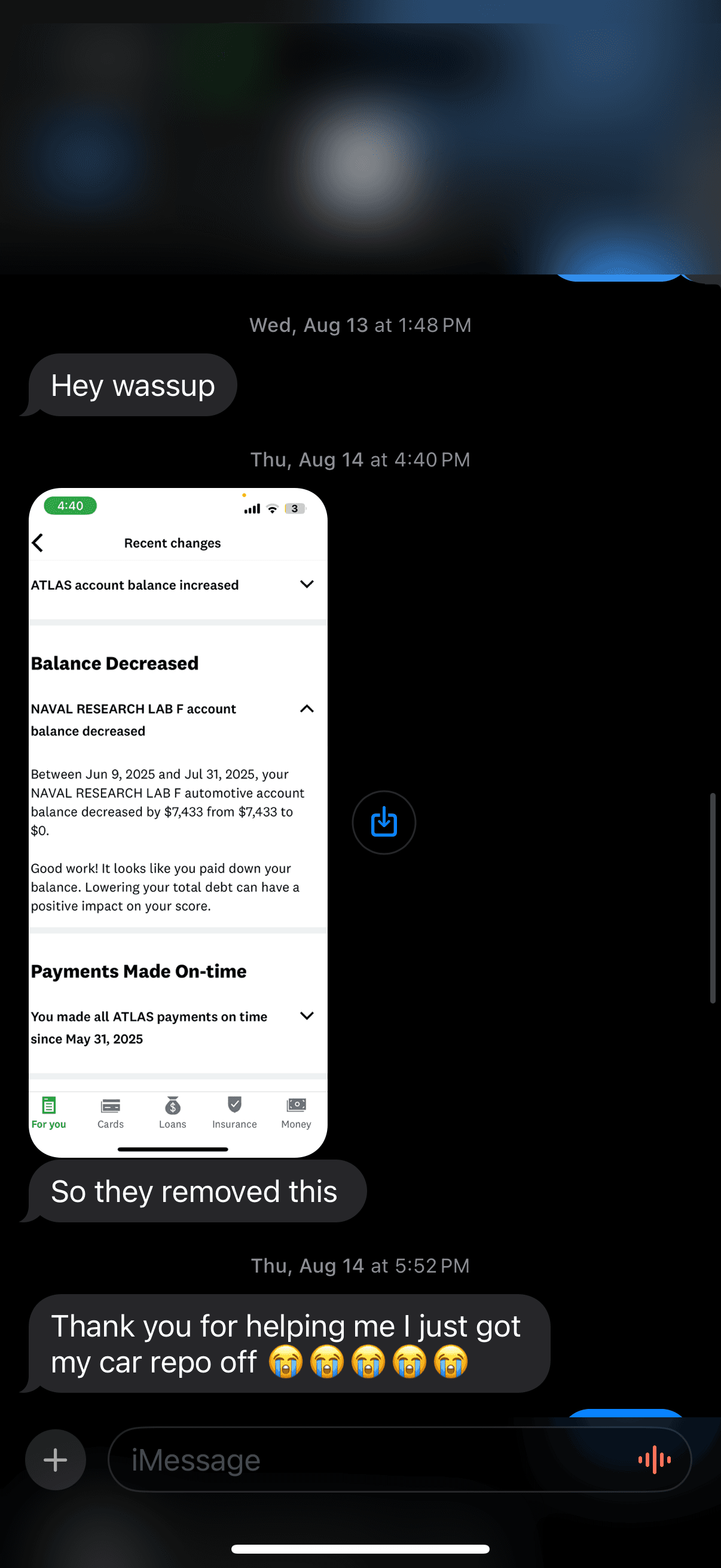 Client text message thanking for help with car repo removal